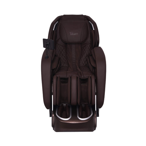 Brown massage chair with 'Titan' branding on a white background