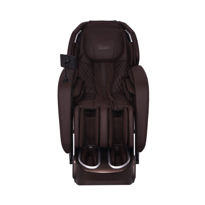 Brown massage chair with 'Titan' branding on a white background
