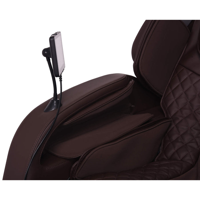 Brown massage chair with a screen attachment on a white background