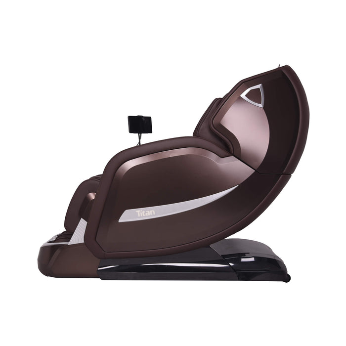 Brown massage chair with black base on a white background