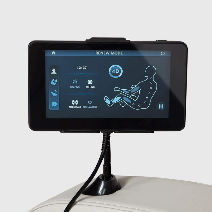 Control panel with screen displaying massage chair functions on a white background