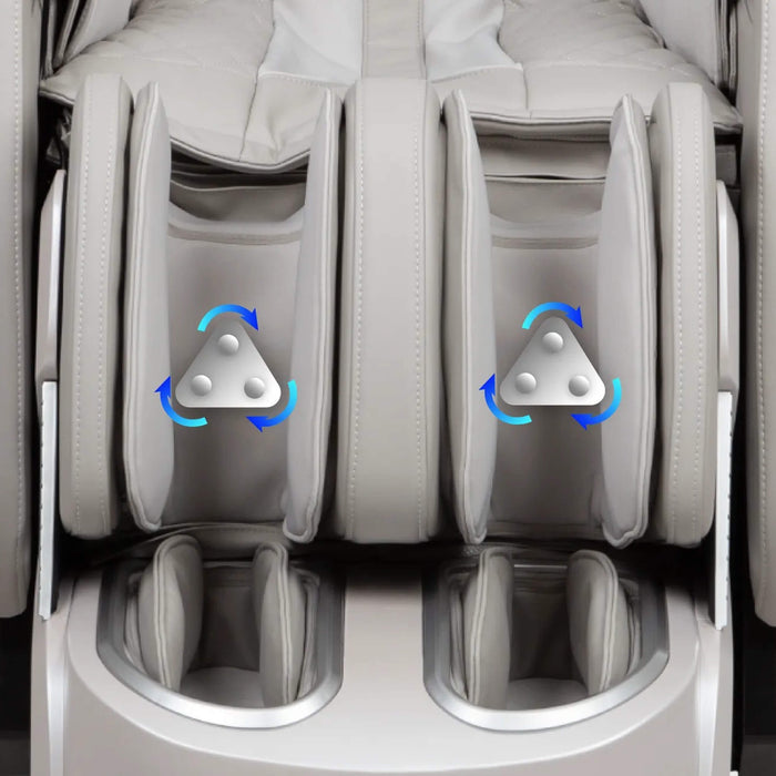 Close-up of a massage chair with massage nodes and blue arrows indicating movement.