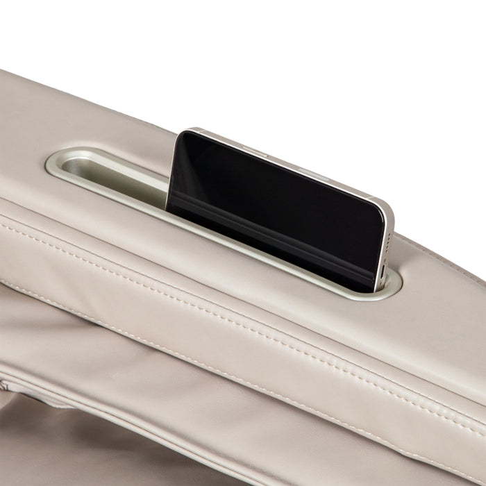 Phone holder attached to a beige suitcase handle