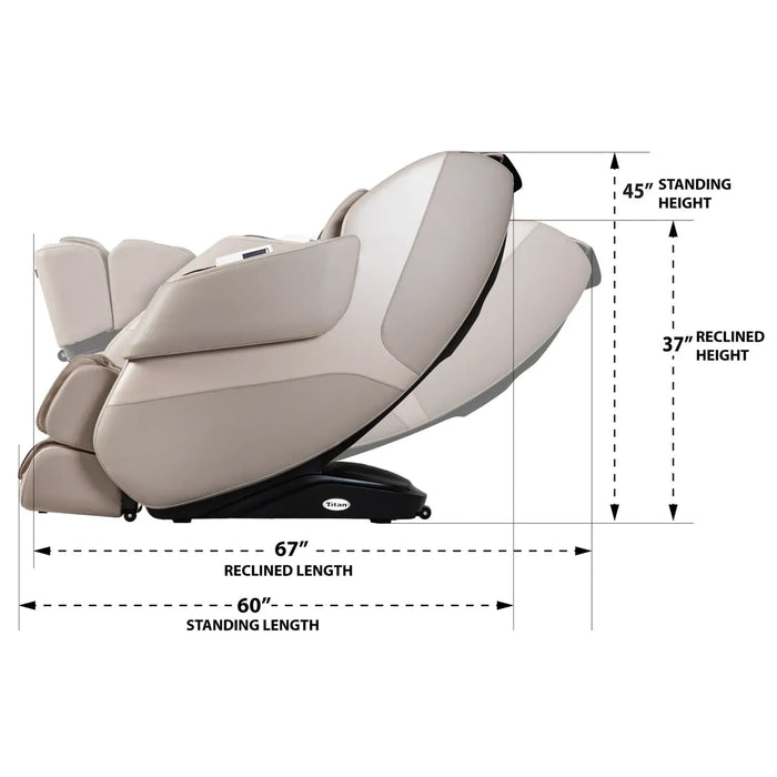 Beige massage chair with dimensions labeled on a white background