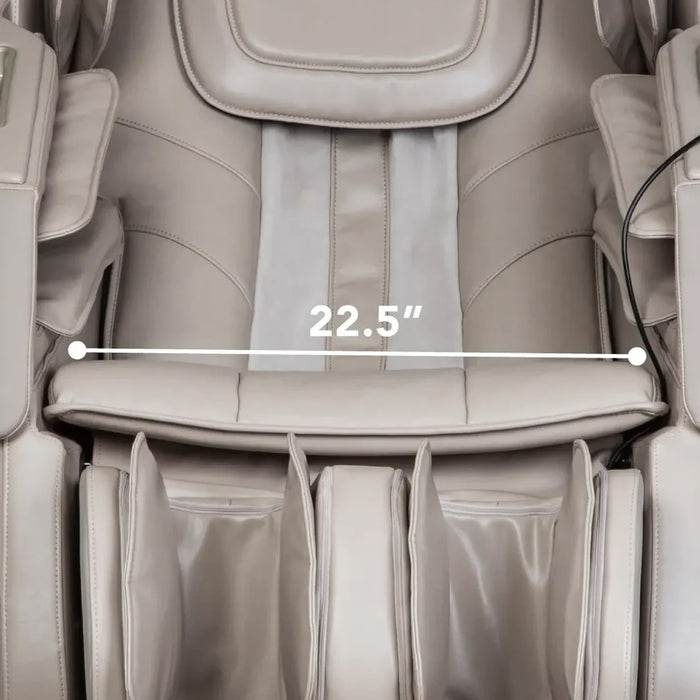 Beige massage chair with measurement label indicating 22.5-inch width.