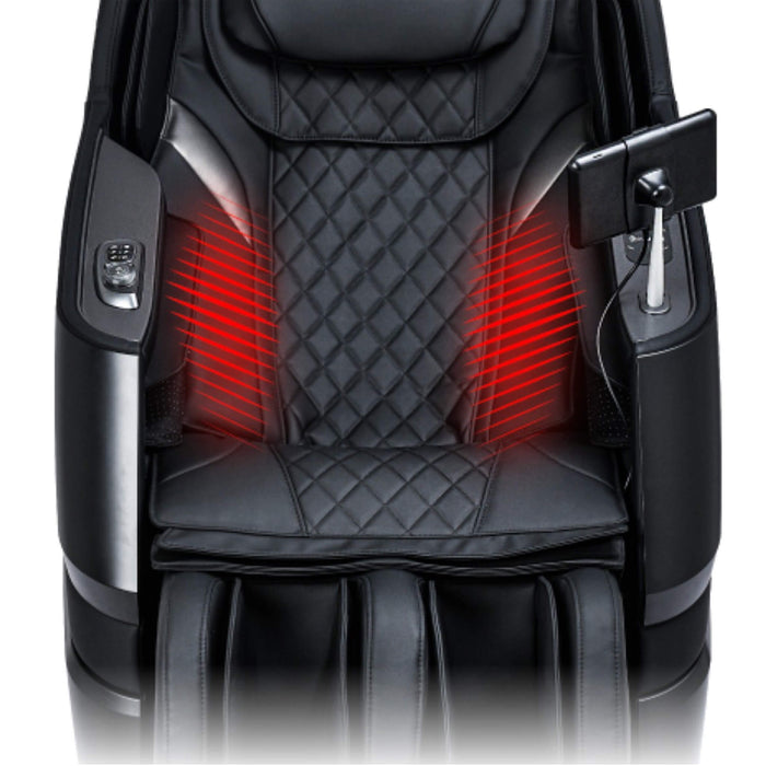 Black massage chair with red illuminated areas on a white background