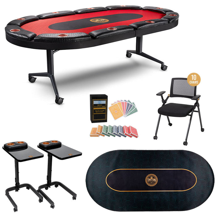 Poker table, chairs, card holders, and other accessories on a white background