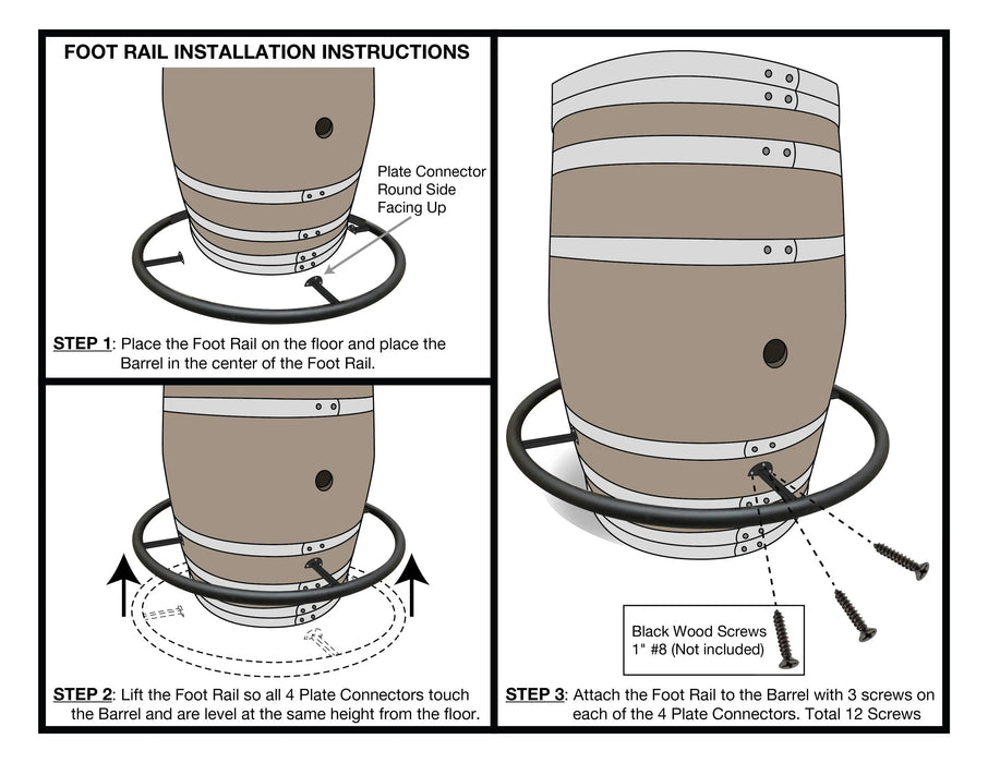 Step-by-step installation instructions for a foot rail on a barrel.
