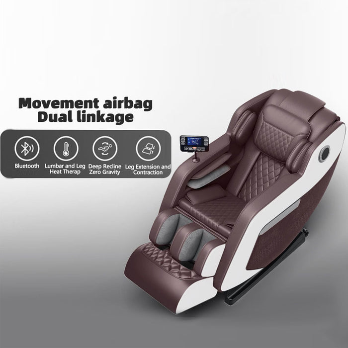 Massage chair with features listed on a gray background