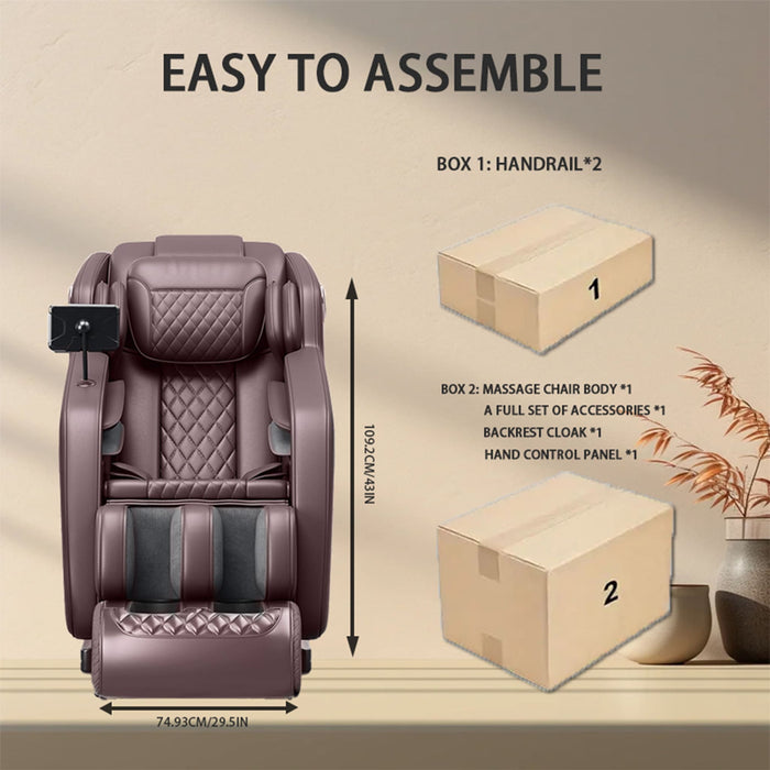 Massage chair with assembly instructions and packaging on a beige background
