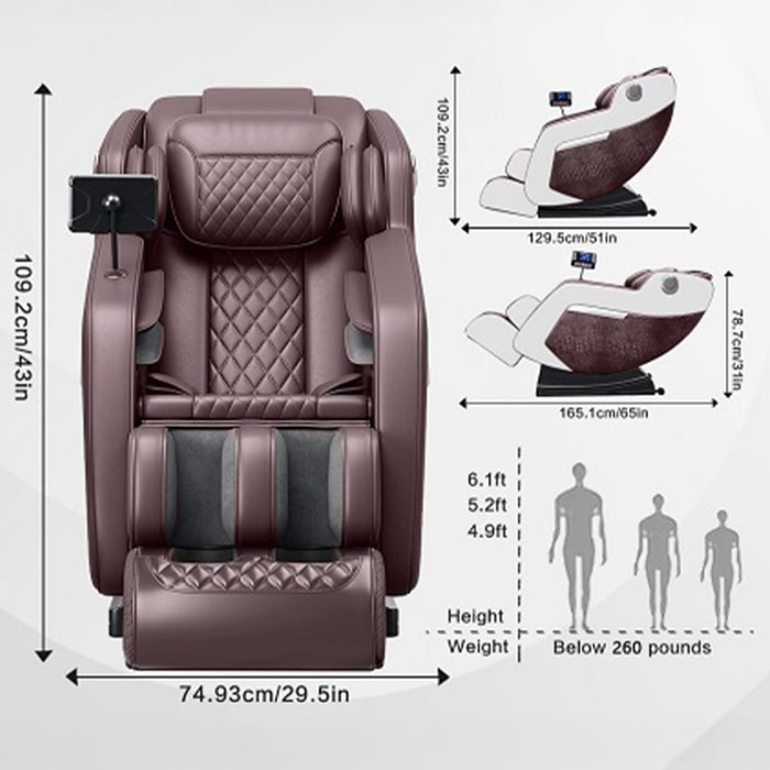 Massage chair with dimensions and size chart on a white background