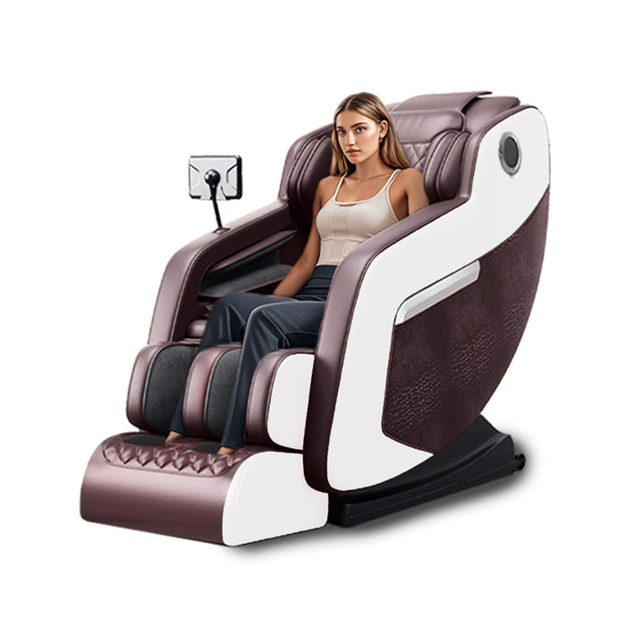 Woman sitting in a modern massage chair with a white background