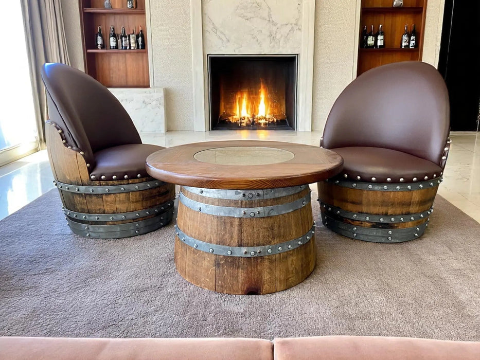 Half-Barrel Coffee Table With Removable Glass Top - Wine/Whiskey/Bourbon Barrel Storage Table - Rustic Furniture
