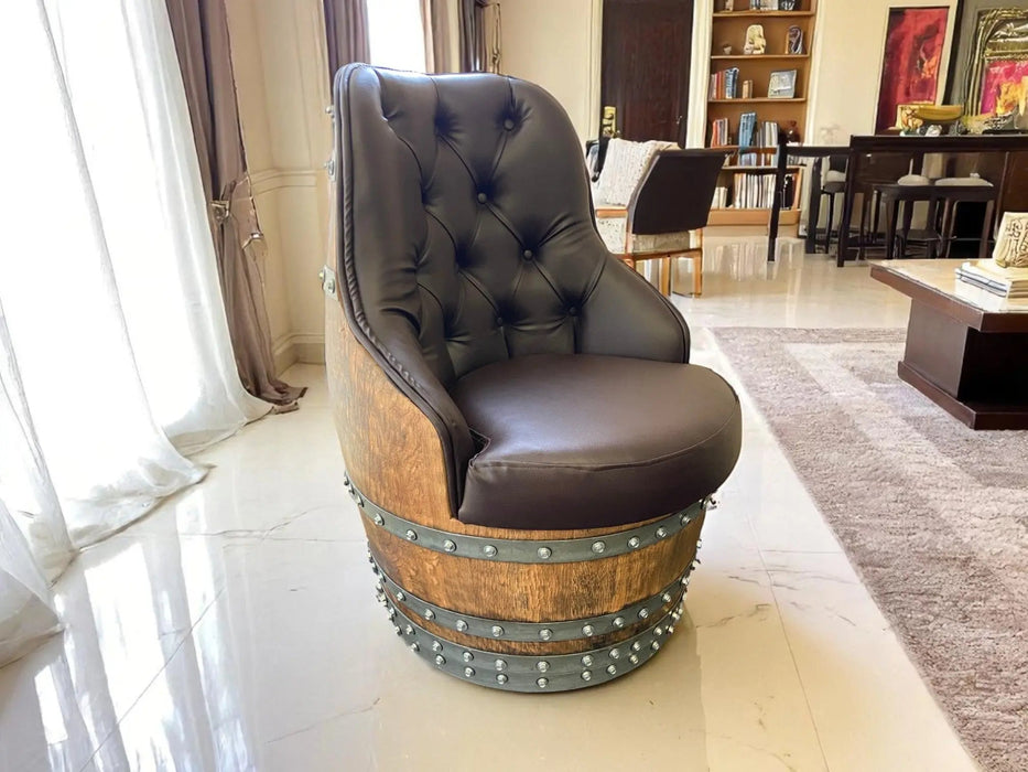 Luxury Captain Barrel Chair, Handmade Wine and Whiskey Barrel Chair, Hidden Storage, Memory Foam Upholstery, Movable On Casters