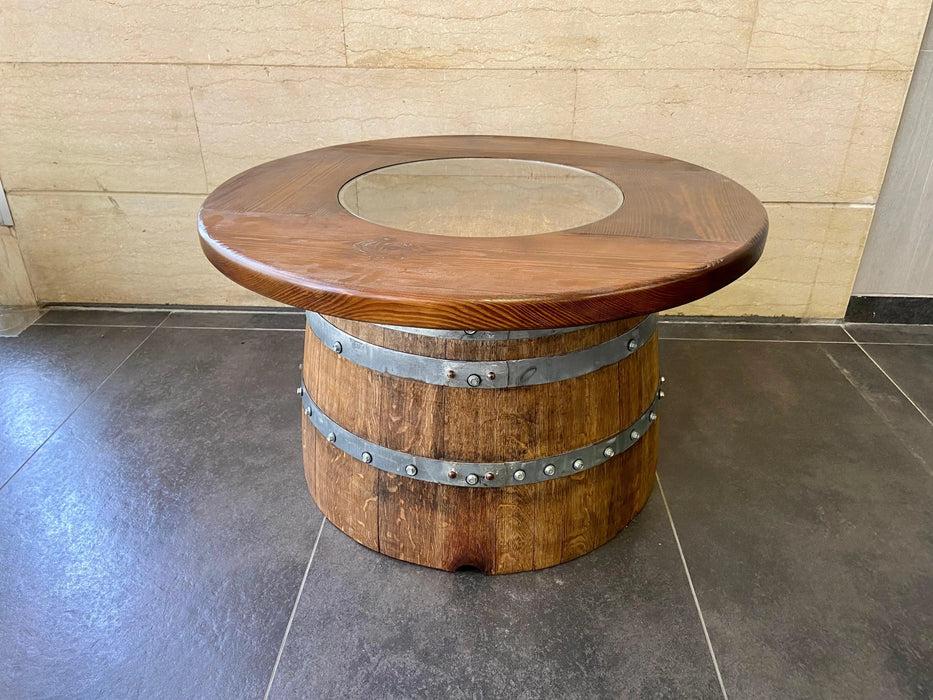 Wine Barrel Full Round Coffee Table Set with 2 Chairs - Rustic Whiskey Barrel Furniture Set - Handmade Solid Oak -