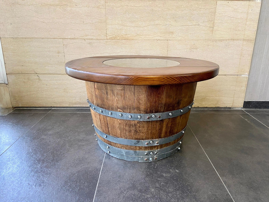 Wine Barrel Full Round Coffee Table Set with 2 Chairs - Rustic Whiskey Barrel Furniture Set - Handmade Solid Oak -