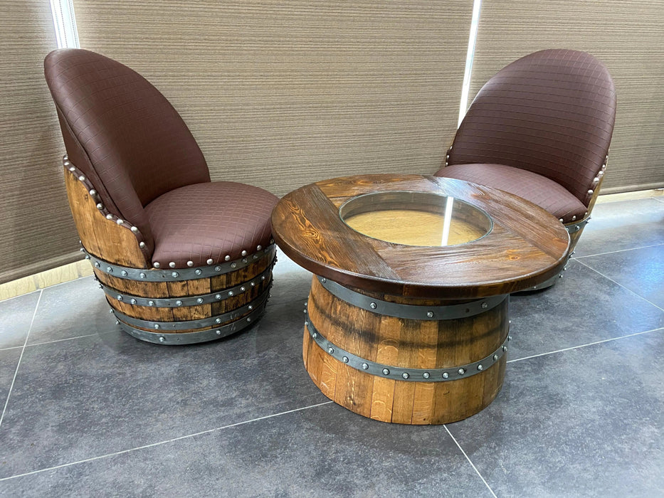 Wine Barrel Full Round Coffee Table Set with 2 Chairs - Rustic Whiskey Barrel Furniture Set - Handmade Solid Oak -