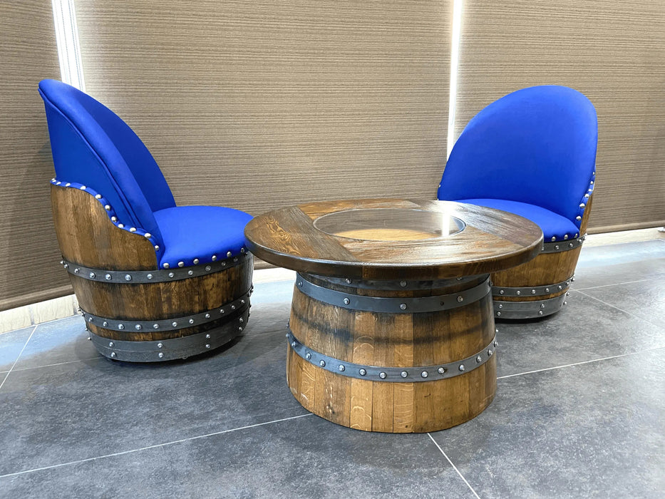 Wine Barrel Full Round Coffee Table Set with 2 Chairs - Rustic Whiskey Barrel Furniture Set - Handmade Solid Oak -