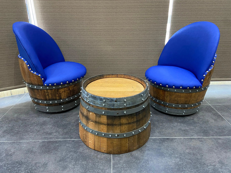 Wine Barrel Round Coffee Table Set with 2 Chairs - Rustic Whiskey Barrel Furniture Set - Handmade Solid Oak -