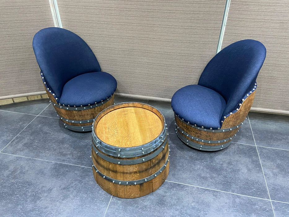 Wine Barrel Round Coffee Table Set with 2 Chairs - Rustic Whiskey Barrel Furniture Set - Handmade Solid Oak -