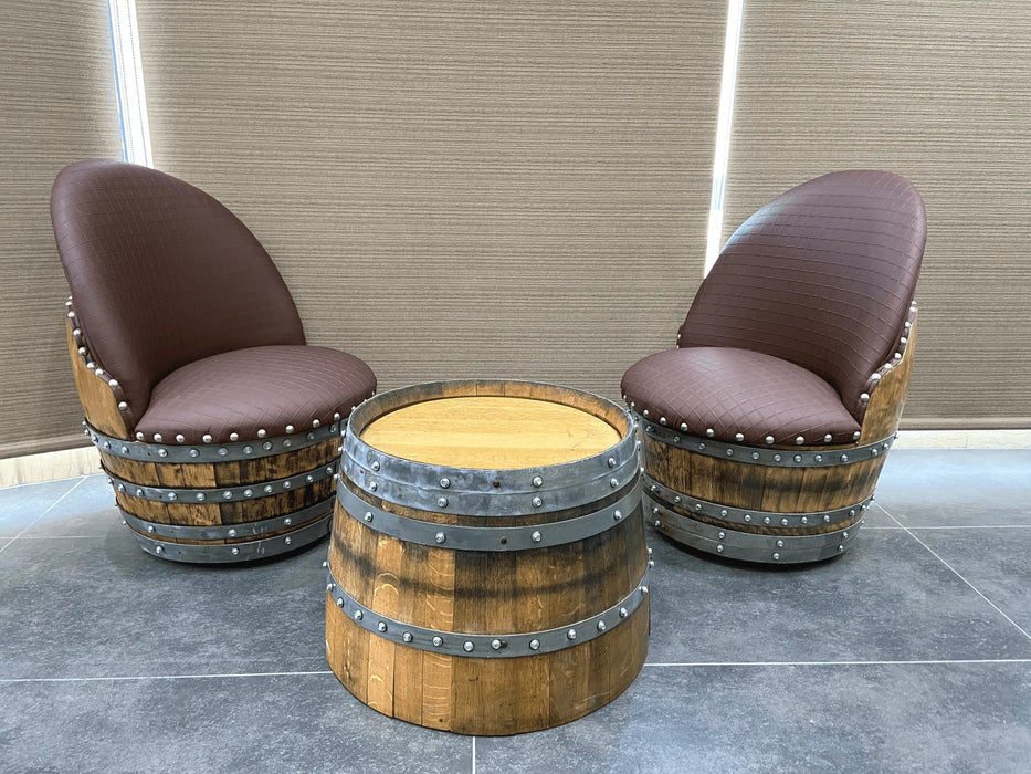 Wine Barrel Round Coffee Table Set with 2 Chairs - Rustic Whiskey Barrel Furniture Set - Handmade Solid Oak -