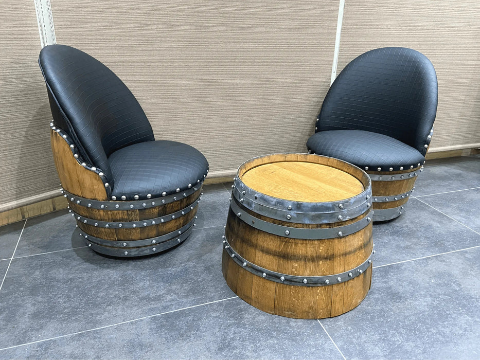 Wine Barrel Round Coffee Table Set with 2 Chairs - Rustic Whiskey Barrel Furniture Set - Handmade Solid Oak -