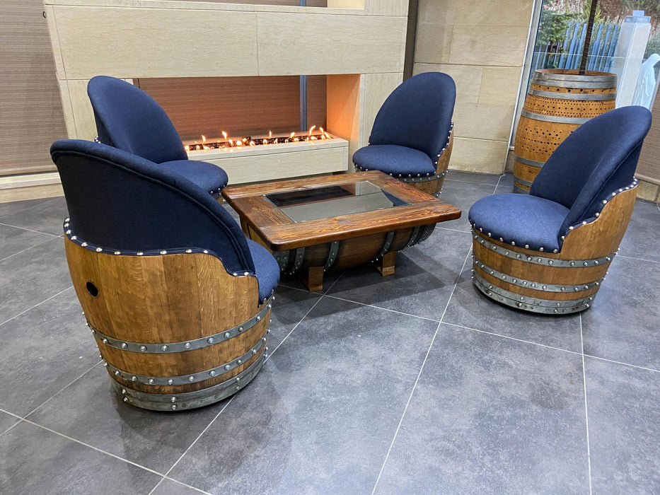 Wine Barrel Coffee Table Set with 4 Chairs - Rustic Whiskey Barrel Furniture Set - Handmade Solid Oak -
