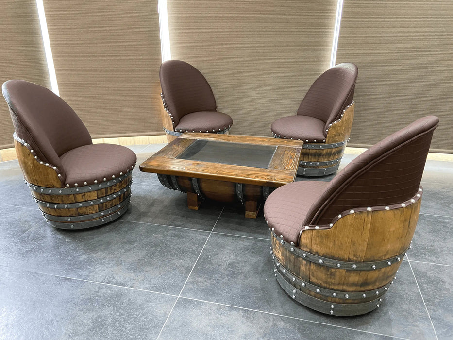 Wine Barrel Coffee Table Set with 4 Chairs - Rustic Whiskey Barrel Furniture Set - Handmade Solid Oak -