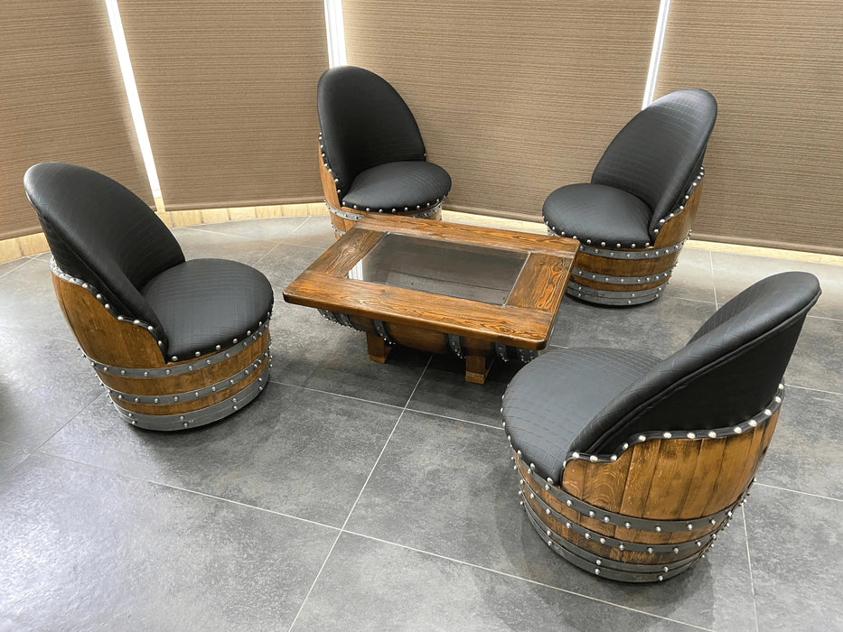 Wine Barrel Coffee Table Set with 4 Chairs - Rustic Whiskey Barrel Furniture Set - Handmade Solid Oak -