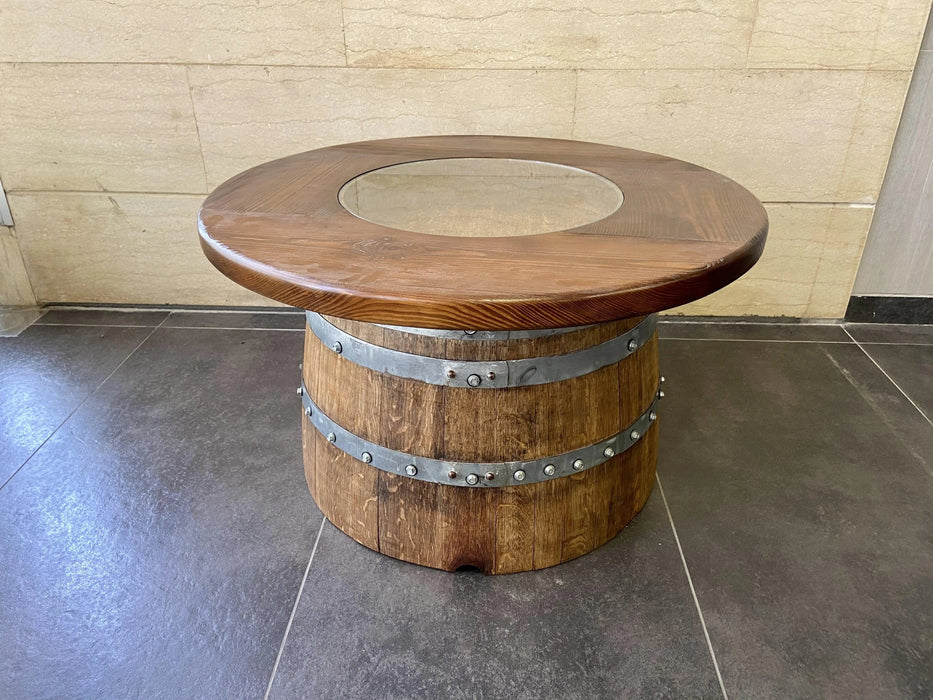 Wine Barrel Full Round Coffee Table Set with 4 Chairs - Rustic Whiskey Barrel Furniture Set - Handmade Solid Oak -