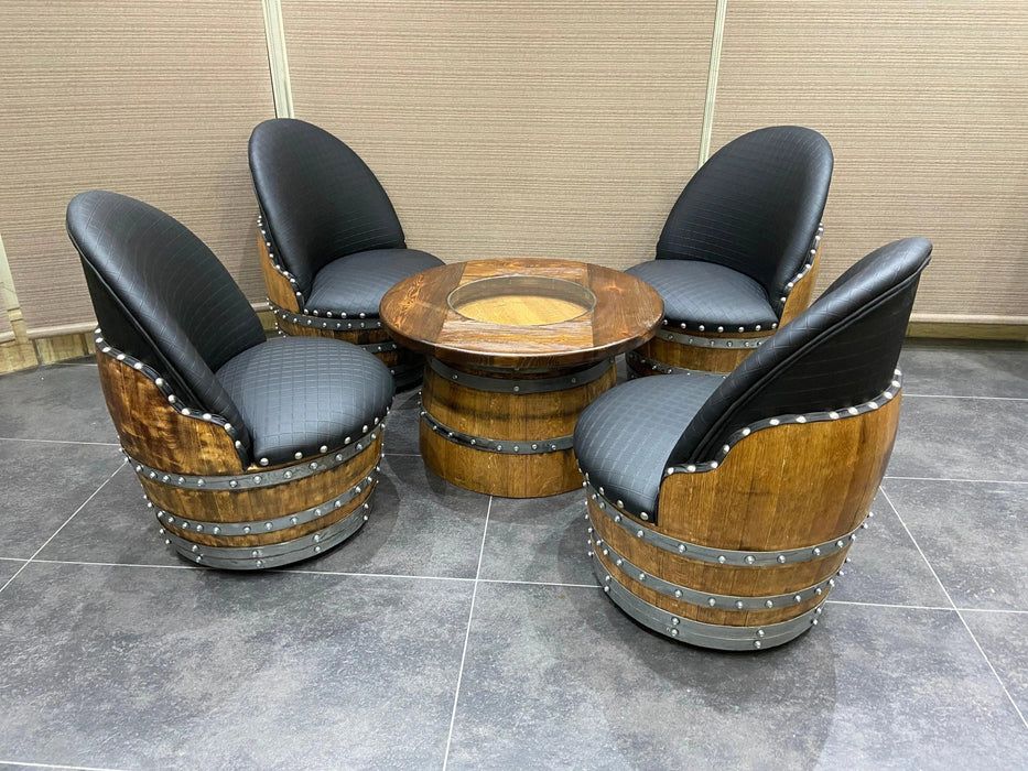 Wine Barrel Full Round Coffee Table Set with 4 Chairs - Rustic Whiskey Barrel Furniture Set - Handmade Solid Oak -