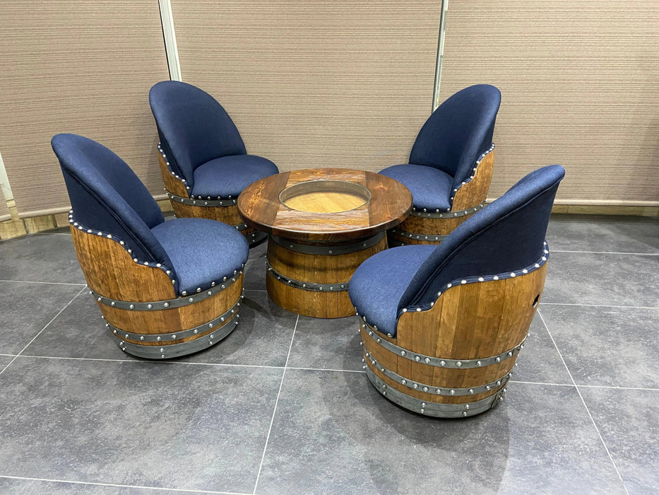 Wine Barrel Full Round Coffee Table Set with 4 Chairs - Rustic Whiskey Barrel Furniture Set - Handmade Solid Oak -