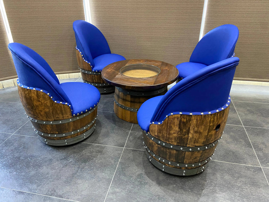 Wine Barrel Full Round Coffee Table Set with 4 Chairs - Rustic Whiskey Barrel Furniture Set - Handmade Solid Oak -