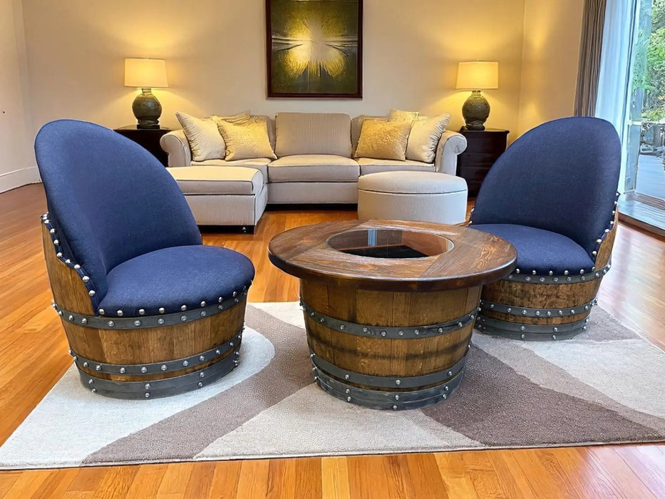 Wine Barrel Full Round Coffee Table Set with 2 Chairs - Rustic Whiskey Barrel Furniture Set - Handmade Solid Oak -