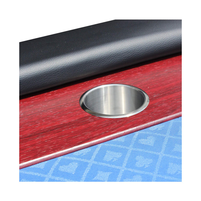 Close-up of a red wooden surface with a metal circular feature on a blue grid background