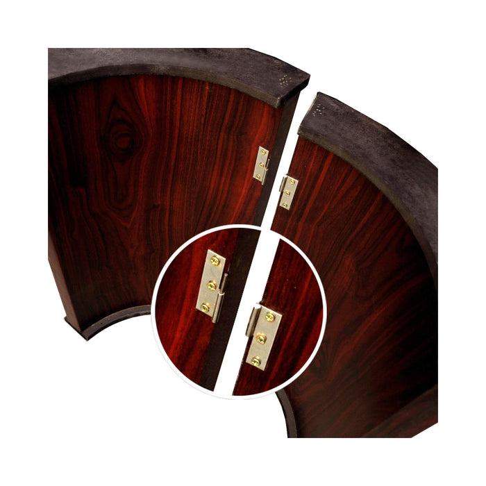 Wooden jewelry box with a split design and gold hinges on a white background