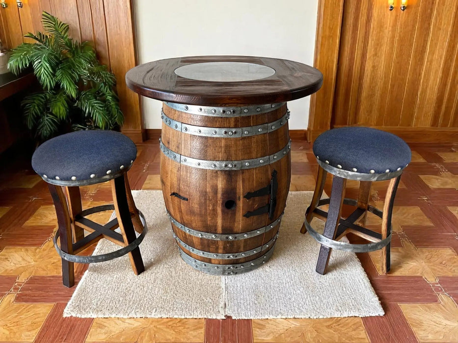 Dark Navy Blue Oak Barrel Bar Stool - Memory Foam Upholstery - Whiskey Barrel Stave Pub Stool - Counter Height - Handmade Wine Barrel Chair