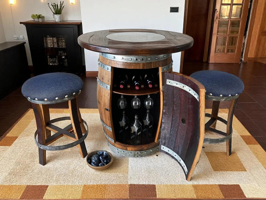 Oak Barrel Pub Table Set, Limited Colorways, Counter Height Wood Glass Top, Cabinet Storage, Bar Stools, Home Bar, Man Cave - Handmade from Family Business