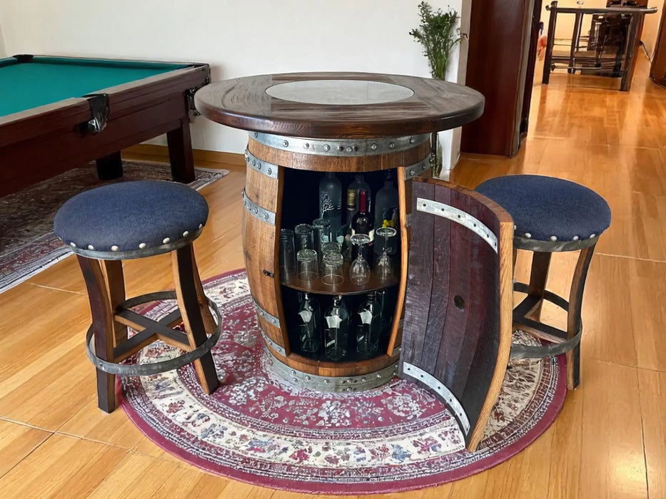 Oak Barrel Pub Table Set, Limited Colorways, Counter Height Wood Glass Top, Cabinet Storage, Bar Stools, Home Bar, Man Cave - Handmade from Family Business