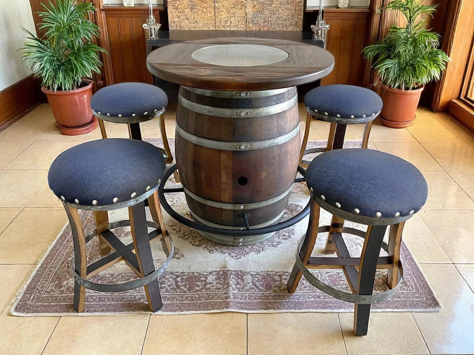Dark Navy Blue Oak Barrel Bar Stool - Memory Foam Upholstery - Whiskey Barrel Stave Pub Stool - Counter Height - Handmade Wine Barrel Chair