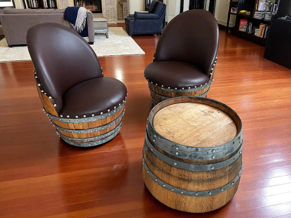 Wine Barrel Round Coffee Table Set with 2 Chairs - Rustic Whiskey Barrel Furniture Set - Handmade Solid Oak -