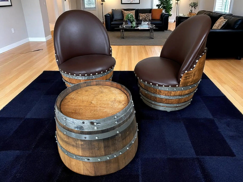 Wine Barrel Round Coffee Table Set with 2 Chairs - Rustic Whiskey Barrel Furniture Set - Handmade Solid Oak -