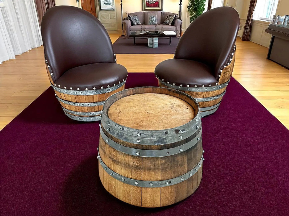 Wine Barrel Round Coffee Table Set with 2 Chairs - Rustic Whiskey Barrel Furniture Set - Handmade Solid Oak -