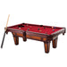 Billiard table with red felt surface and pool cues on a white background