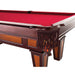 Wooden pool table with red felt surface on a white background