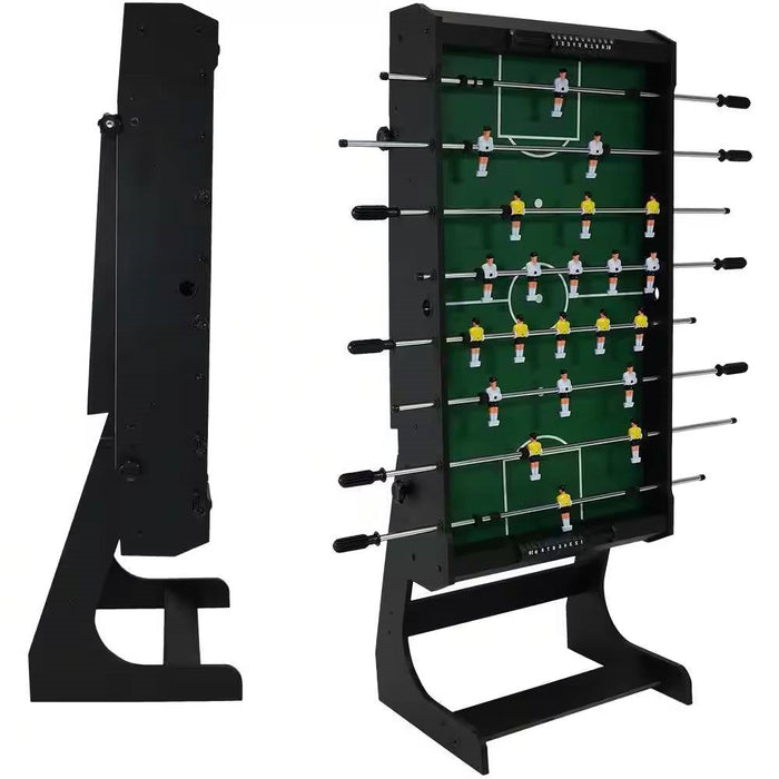 Foosball table with green playing surface and black frame on a white background