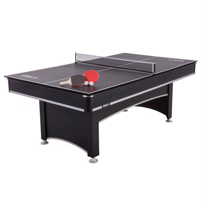Table tennis table with paddles and balls on a white background