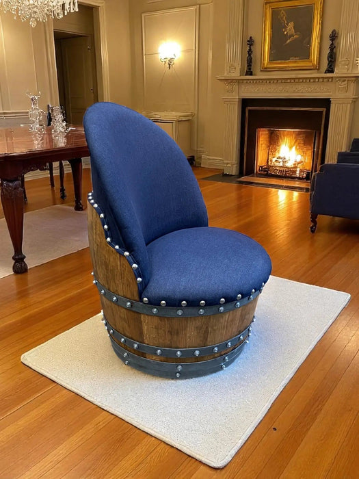 Dark Navy Blue Oak Barrel Chair, Handmade Wine and Whiskey Barrel Chair, Hidden Storage, Memory Foam Upholstery, Movable On Casters