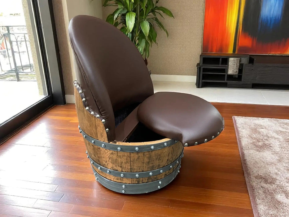 Brown Oak Barrel Chair, Handmade Wine and Whiskey Barrel Chair, Hidden Storage, Memory Foam Upholstery, Movable On Casters