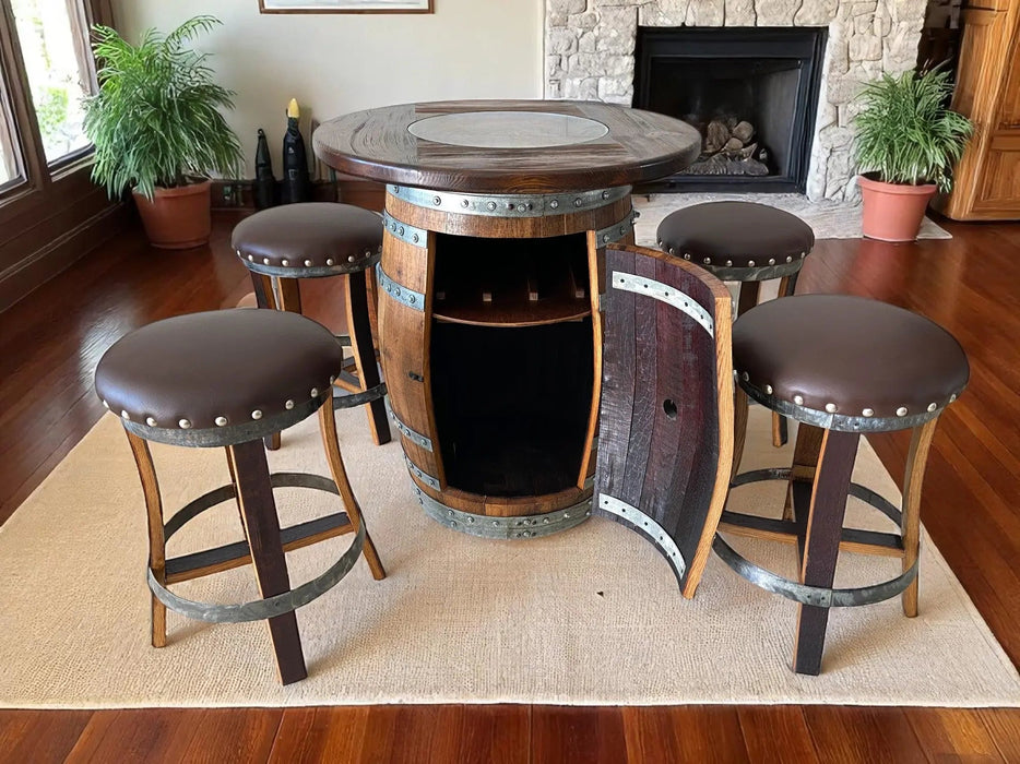 Oak Barrel Pub Table Set, Counter Height Wood Glass Top, Cabinet Storage, Bar Stools, Home Bar, Man Cave - Handmade from Family Business
